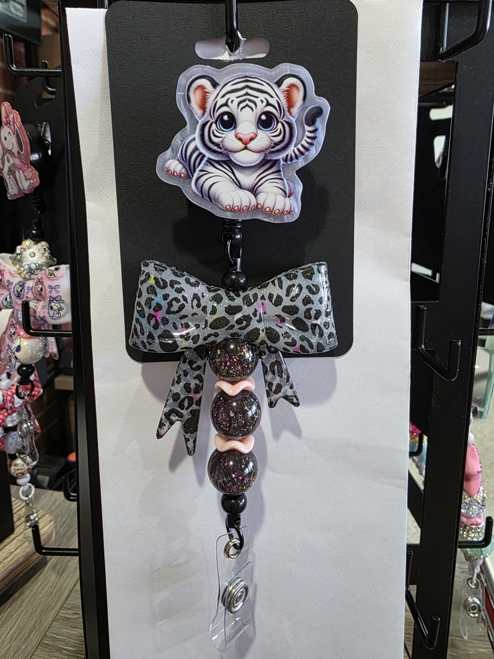 Glitter Leopard Bow Badge Reel - Silver and Pink